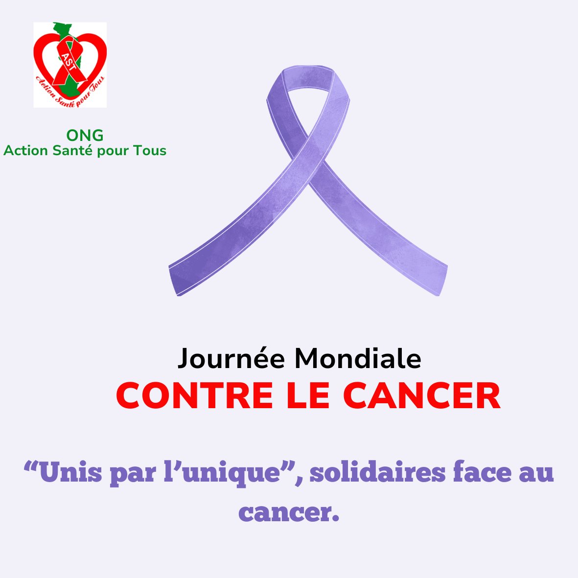 ong_ast's tweet photo. 4 février – Journée mondiale contre le cancer
Prévention, dépistage, accompagnement, accès aux soins, nous pouvons agir pour réduire l’impact du cancer et améliorer la qualité de vie des personnes touchées.
#JMcontreLeCancer #DépistagePrécoce https://t.co/G2kHKseJ9R