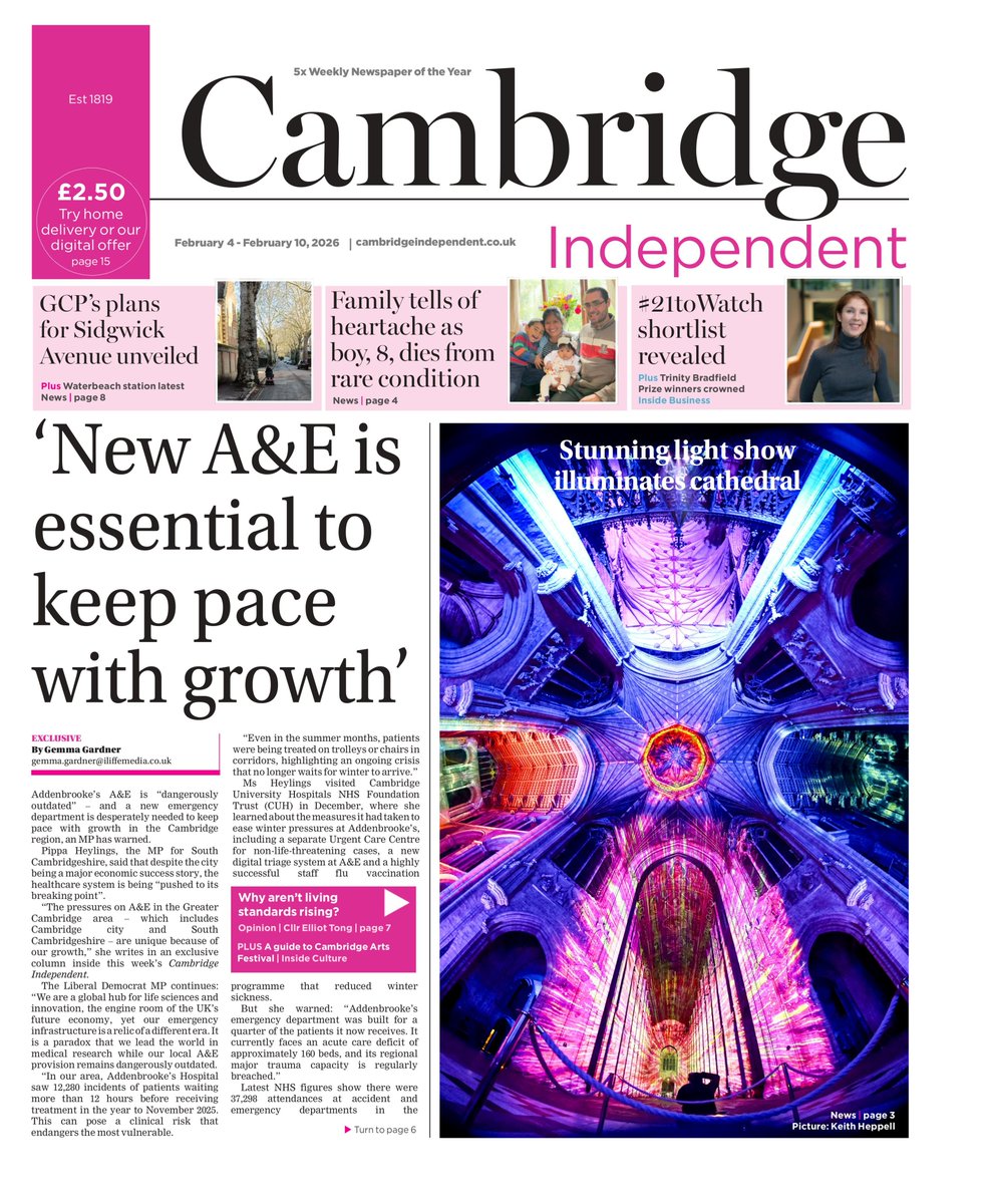 PaulBrackleyCI's tweet image. In @CambridgeIndy we look at desperate need for new A&amp;amp;E to keep pace with #Cambridge growth &amp;amp; hear from @pippaheylings. We feature latest GCP plans in #Cambridge, stunning pics from new #Ely Cathedral light show, shortlist for #21toWatch awards &amp;amp; a world-first trial