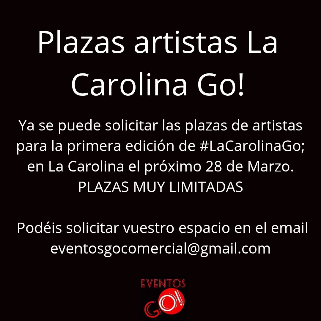 Ya se pueden reservar sitios para artistas en #lacarolinago espacio muy limitados. 
Correo: eventosgocomercial@gmail.com