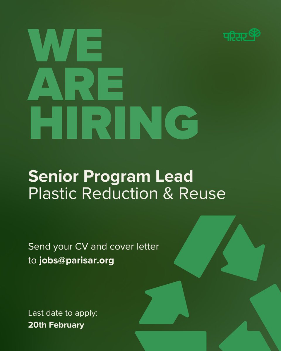 parisarpune's tweet image. We are hiring a Senior Program Lead – #Plastic Reduction &amp;amp; Reuse for a long-term, state-level initiative in #Maharashtra. If you have experience working with public institutions and multi-stakeholder programmes, apply by 20 Feb.

For details: parisar.org/opportunities

#HiringNow