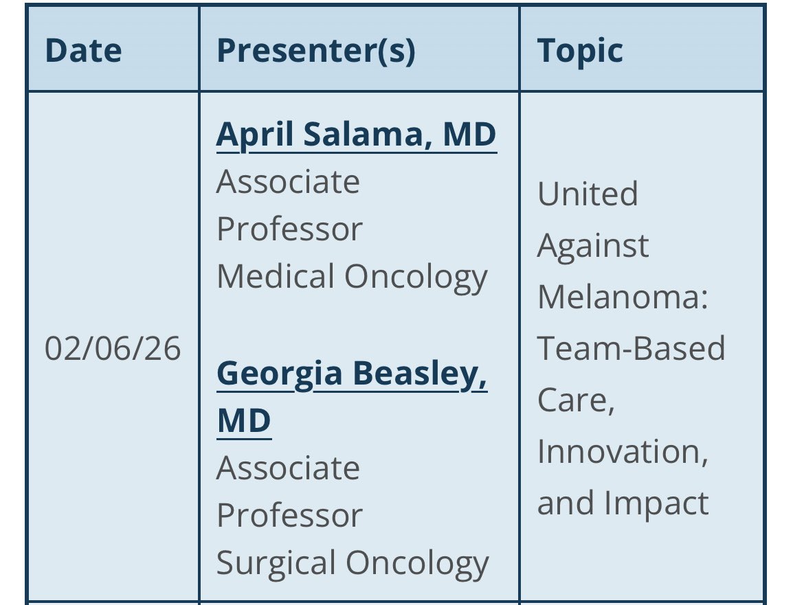DukeSurgOnc's tweet photo. Our own Dr. Georgia Beasley is giving @dukemedicine Grand Rounds on team science and multidisciplinary care for #Melanoma this Friday, February 6th at 8am in DN2002. Go check her out! 💪🏻💪🏻💪🏻 @DukeCancer @DukeSurgery @DukeSurgRes https://t.co/F7XCd3GlSY