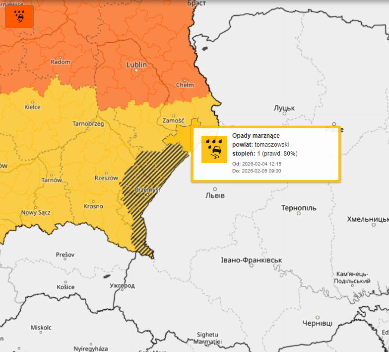 IMGWmeteo's tweet photo. ⚠️ Uwaga - komunikat i ostrzeżenie meteorologiczne #IMGW 
🧊⚠️ Dziś do 16:00 na zaznaczonym obszarze wystąpią opady marznące.
🚗🚶 Drogi i chodniki będą śliskie.
Szczegóły https://t.co/tBq6AJG3bd 
#pogoda #uwaga https://t.co/NdU32enEID