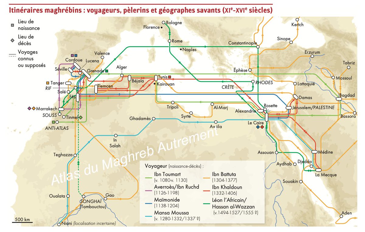 L'une de mes cartes préférées : quelques circulations maghrébines au Moyen Âge, voyageurs, pèlerins et savants