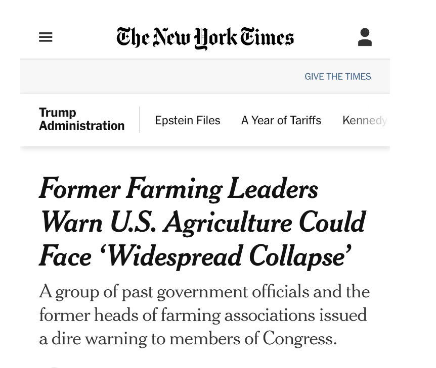 “.. the current administration’s actions, along with congressional inaction, have increased costs for farm inputs, disrupted overseas and domestic markets, denied agriculture its reliable labor pool, and defunded critical ag research and staffing ..”

<a href="/nytimes/">The New York Times</a>