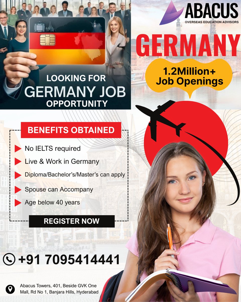 abacus_groups's tweet image. Looking for a job opportunity in Germany 📷?
With 1.2 Million+ job openings, Germany is calling skilled professionals!
📷 No IELTS required
📷 Live &amp;amp; work in Germany
📷 Diploma / Bachelor’s / Master’s eligible
📷 Spouse can accompany
📷 Age below 40 years
📷 Register now and take