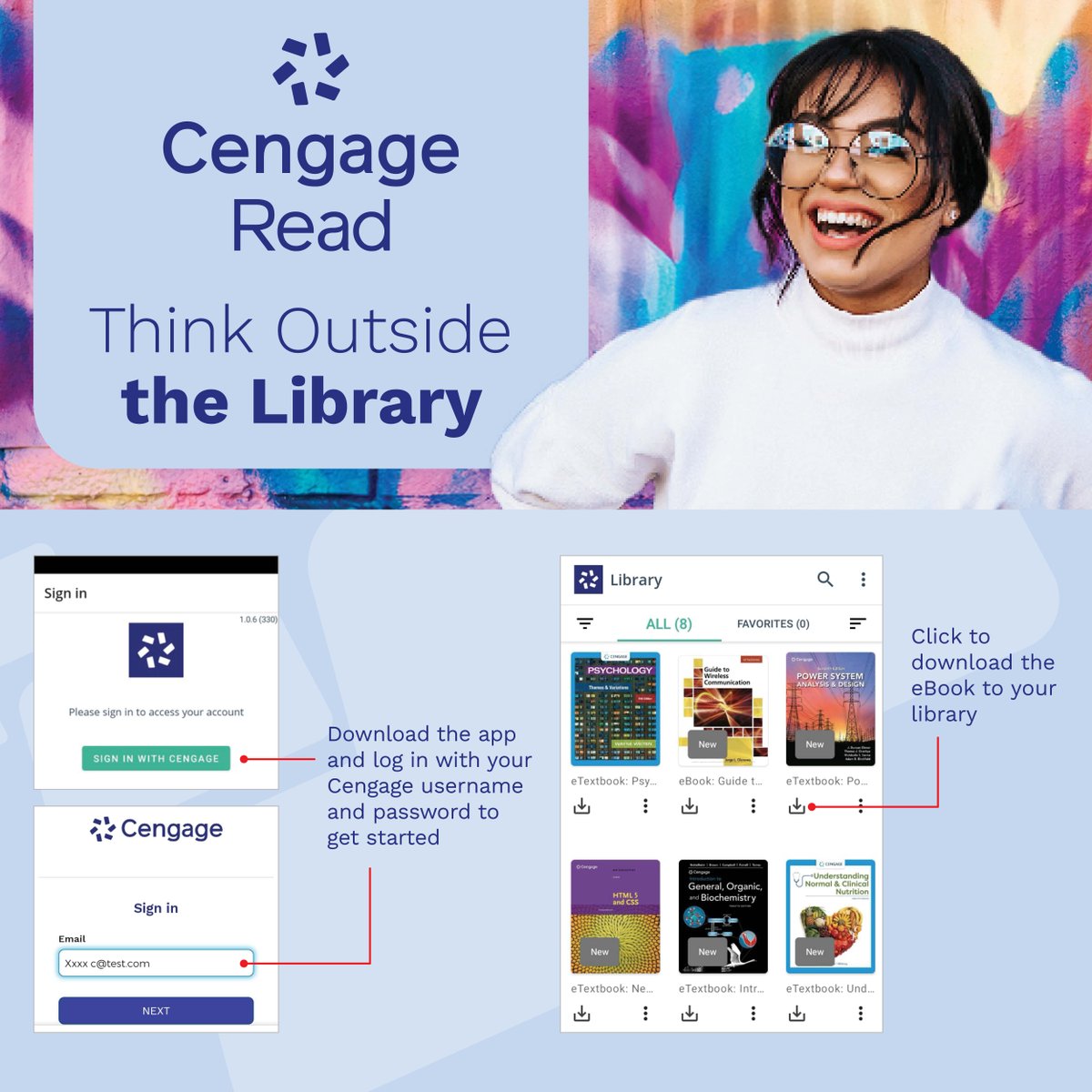 CengageAsia's tweet photo. Your students don’t always study at a desk. 📚
With Cengage Read, they can access their Cengage eTextbooks anytime—online or offline—right from their phone or tablet.

Help students stay on track, wherever learning happens.
👉 Download: https://t.co/iUfK6rlYyp https://t.co/lPrb66Lm1Q