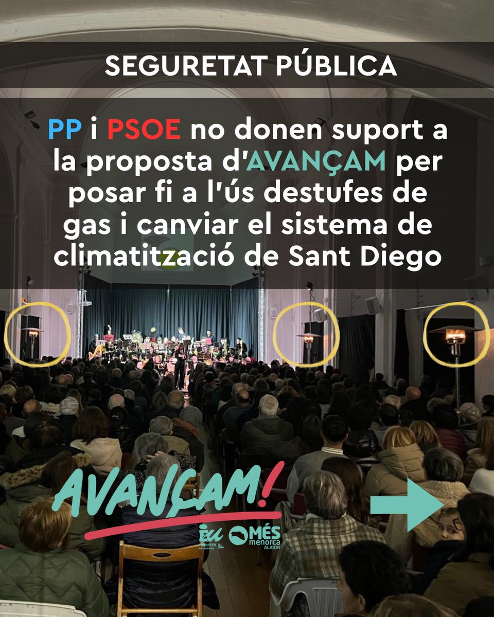 AvancamAlaior's tweet photo. ✅Propostes d’AVANÇAM que es van debatre ahir al ple d’Alaior:

1️⃣Posar fi a l’ús d’estufes de gas i canviar el sistema de climatització de Sant Diego: estufes completament prohibides en espais interiors per la legislació vigent. En un concert recent es van detectar fuites. https://t.co/0rrZwIG88Q