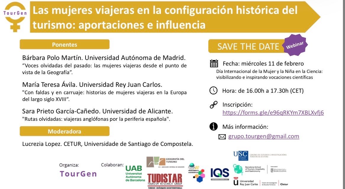 sprietogc's tweet photo. El miércoles que viene participaré en el webinar “Las mujeres viajeras en la configuración histórica del turismo: aportaciones e influencia", organizado por el grupo de trabajo de Turismo y Género. 
👇Inscripciones aquí 👇
https://t.co/JTCof1b5Np https://t.co/rR4jixrhzL