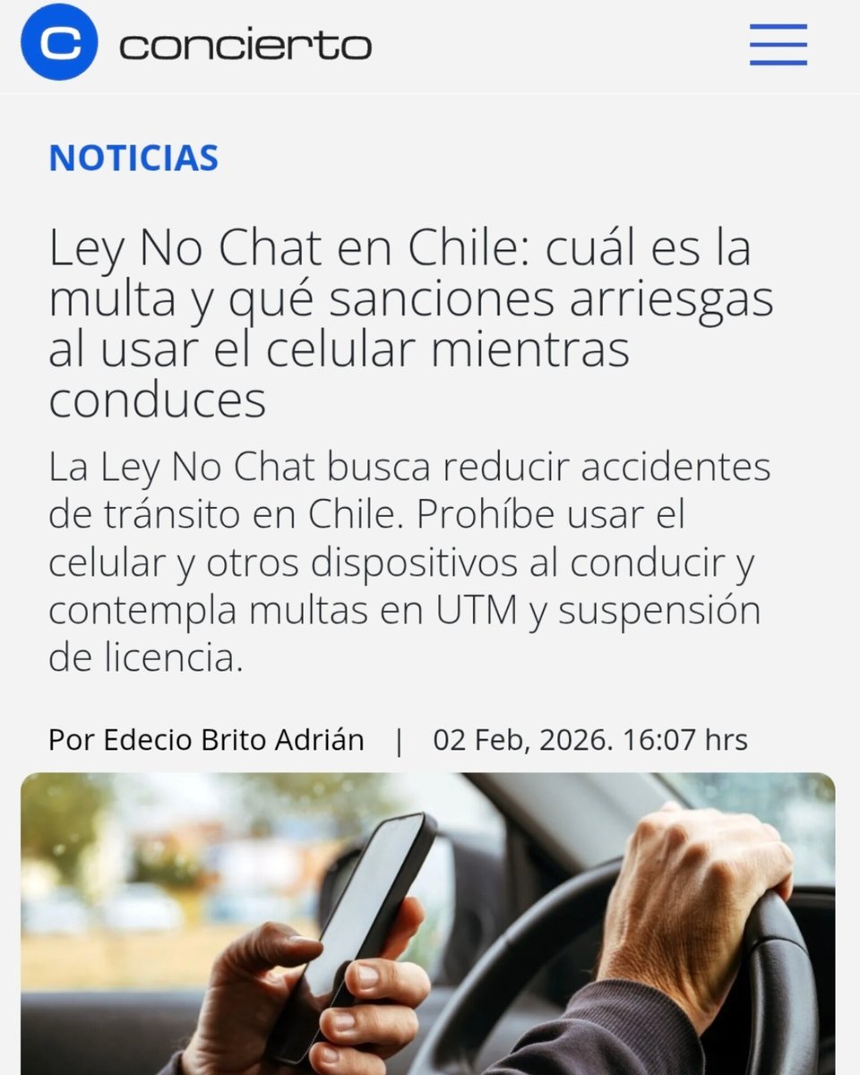 ONGnochat's tweet image. ¿SABES de cuánto es la multa por usar el celular al conducir? Radio Concierto lo recordó: la Ley No Chat sanciona con 1,5 a 3 UTM y puede incluir suspensión de licencia. Menos distracción, más vidas seguras 📵🚗

Revisa la nota completa: n9.cl/c9qshv