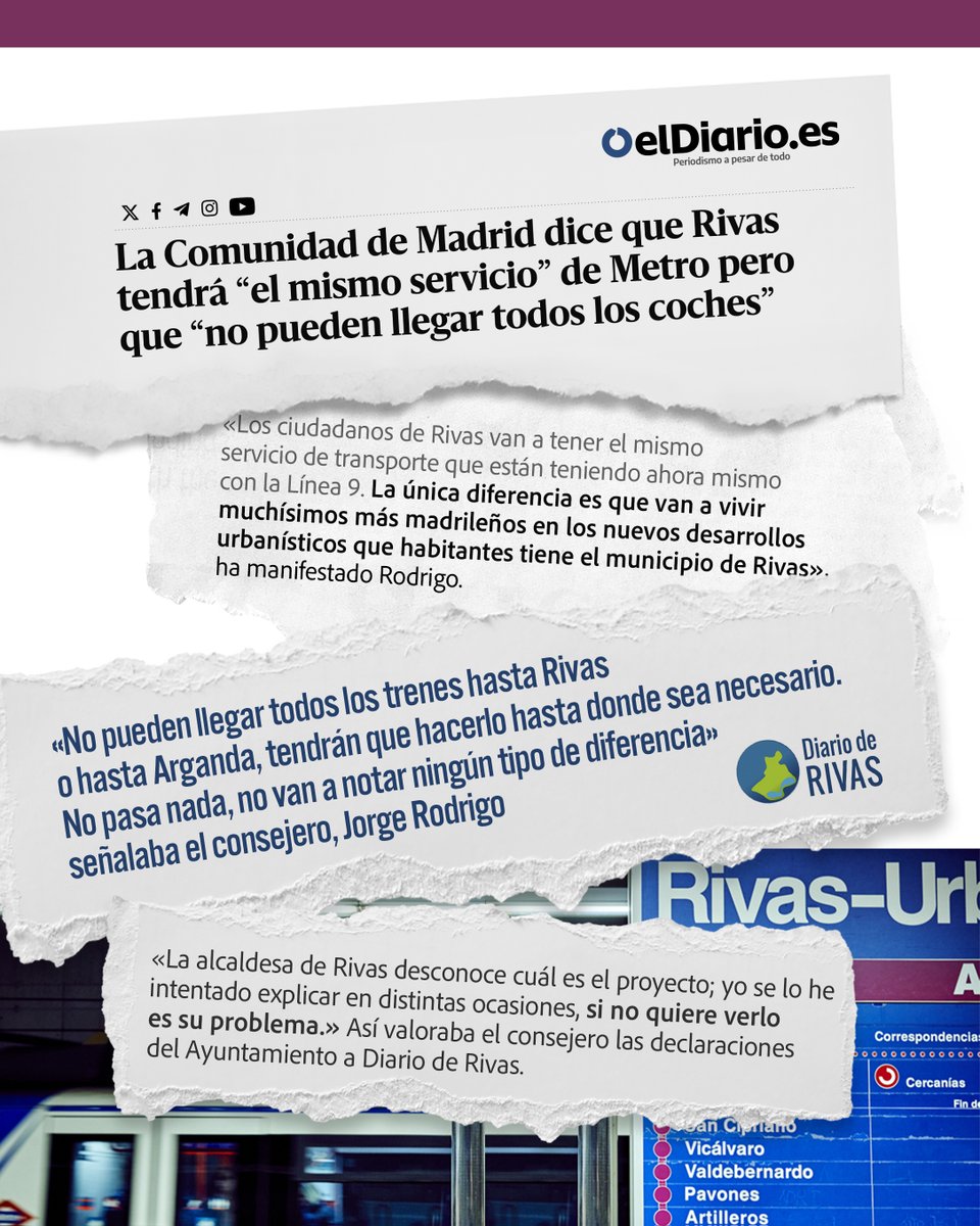 La Comunidad de Madrid dice que Rivas tendrá “el mismo servicio” de Metro, aunque reconoce que no todos los trenes llegarán a la ciudad y que habrá más transbordos.
Decir que “no pasa nada” es no conocer (o no querer conocer) la realidad de miles de ripenses que usan la Línea 9B.