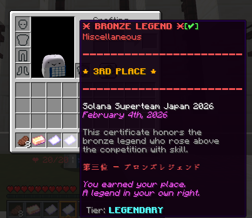 bread_man1209's tweet photo. It was a lot of fun to play "Find the Button", @MineXsol's debut event. It was hosted by @EndermitePVP and went off without a hitch. Each participant received a limited-edition item, and the winners received extra items that emphasized their positions. My proud accomplishment of placing 3rd placeout of all online users made the event even more memorable. 🏆