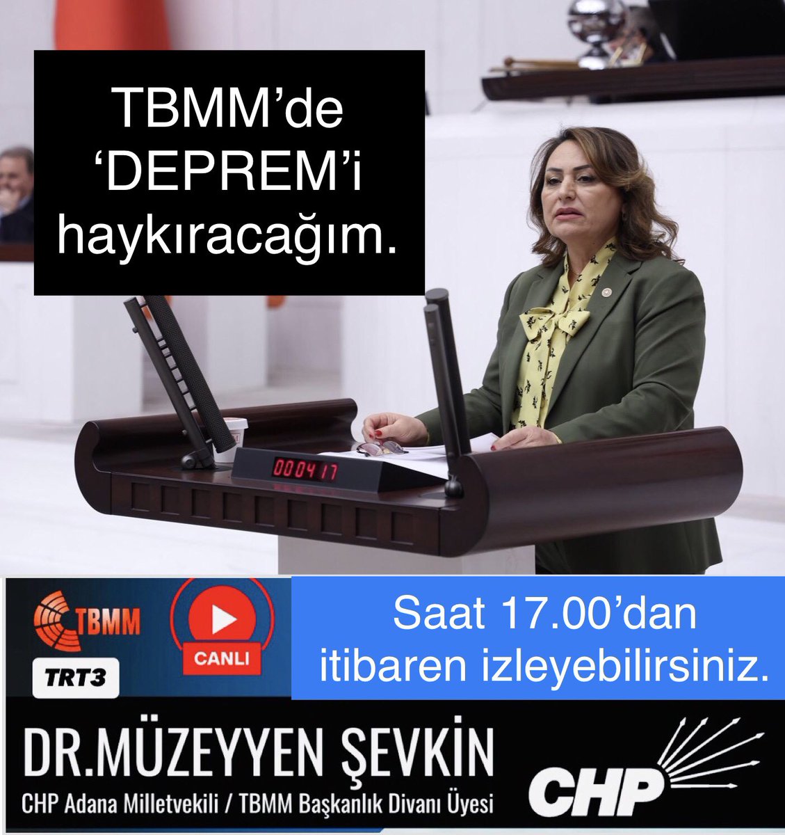 muzeyyensevkin's tweet image. 6 Şubat depremlerinin ardından geçen 3 yılda yaşanan gerçekleri meclis kürsüsünden haykıracağım.

Bugün saat  17:00’dan itibaren TRT 3 veya TBMM TV’den izlemenizi dilerim.
