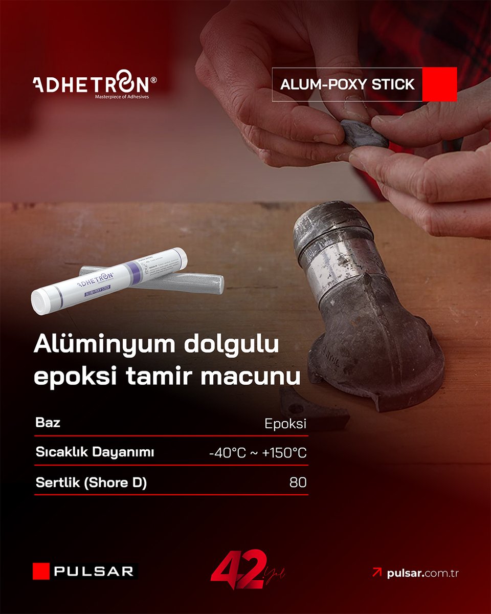 Adhetron Alum-Poxy Stick, alüminyum ve türevi metallerde rahatlıkla kullanılabilir. Donduktan sonra alüminyum özelliği gösterir. Paslanmaz, delinebilir, torna tesviyede işlenebilir ve boyanabilir.

#pulsarkimya #alumpoxy #epoxy #epoksi #alüminyum #tamirmacunu #epoxystick