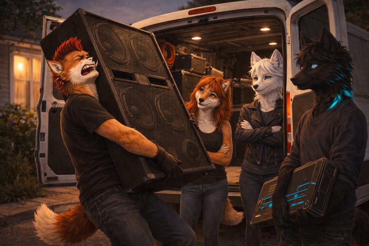 Alexwraylewis's tweet photo. #Vulpinevortex drummer Burnpaw thinks he's got things under control. The two girls look on, they know he's struggling with the weight.
#furryartwork #AIart #furryai #furries https://t.co/yHkuZUIwDL