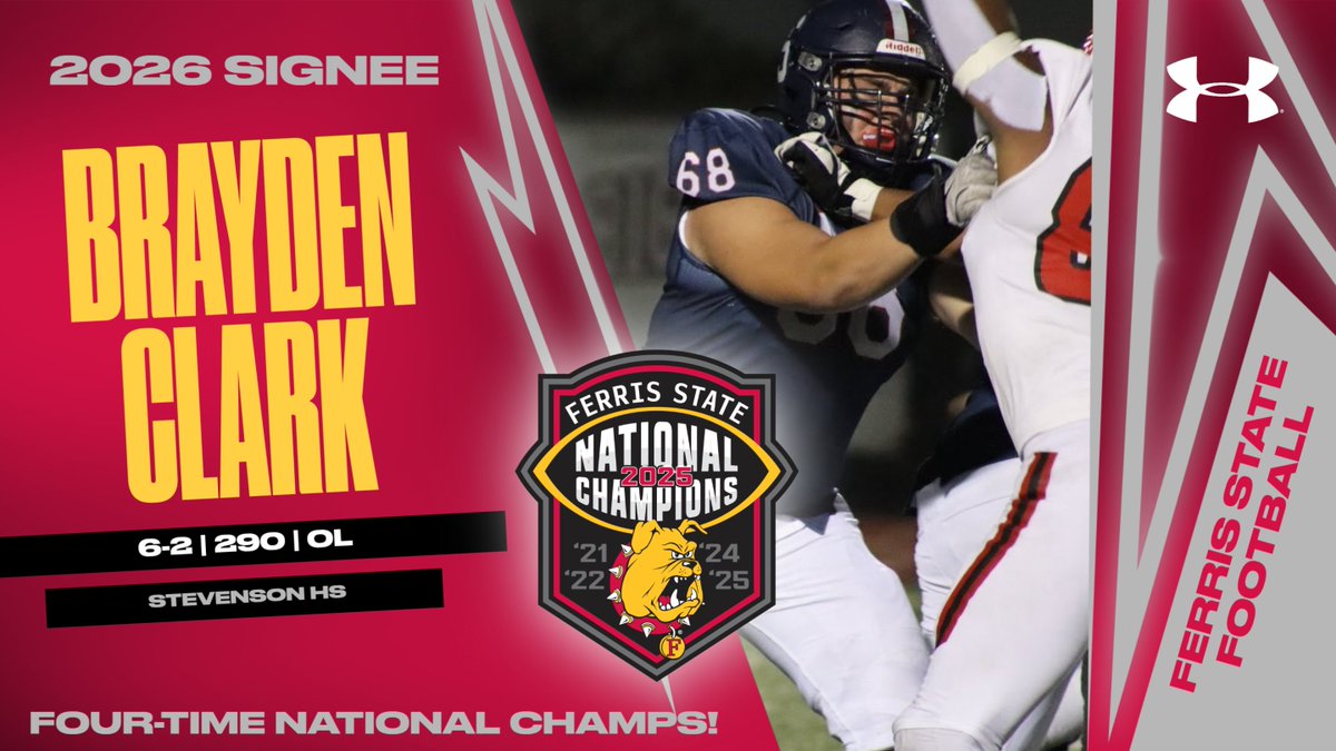 FerrisFootball's tweet image. NOW A DAWG! Stevenson High School offensive lineman Brayden Clark is now officially a Nasty Boy! Big &amp;amp; strong force up front joins the Champs! #FSUNSD26 @BClark2026
