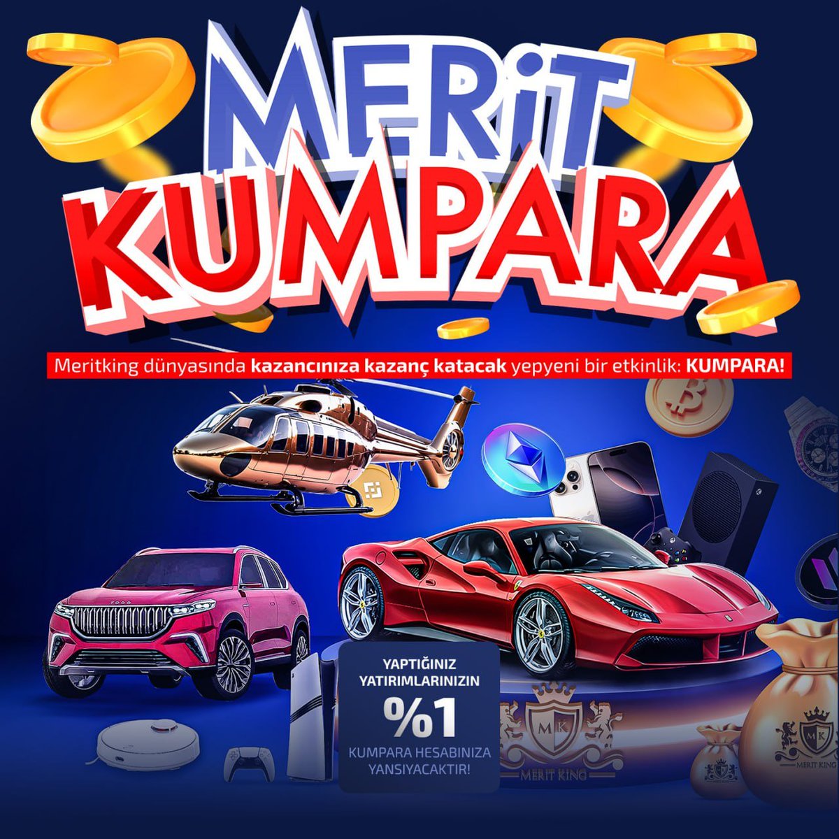 meritking17's tweet photo. MeritKing Kumpara İle Kaybetmeye Son !

⚡️MeritKing dünyasında kazancınıza kazanç katacak yepyeni bir etkinlik başlıyor: KUMPARA!

🚘  Ferrari
 🚁 Helikopter 
🎮  PS5
       Iphone
  Yaptığınız yatırımlarınızın %1'i KUMPARA hesabınıza yansıyacak!

 Giriş : https://t.co/svMyuhESeJ https://t.co/0f1G8JnNfO