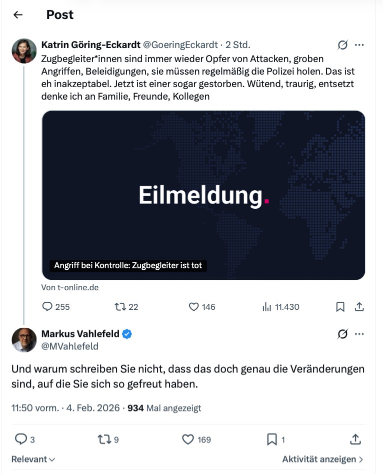 MVahlefeld's tweet image. Dies ist der Grund, warum sie X hassen und einzuschränken versuchen: Frau @GoeringEckardt hat mehr als 200.000 "Folgende", schreibt zum Mord &amp;amp; Totschlag am Zugbegleiter, dass "jetzt sogar einer gestorben" sei (darauf muss man auch erstmal kommen!), erhält dafür ein paar likes,…