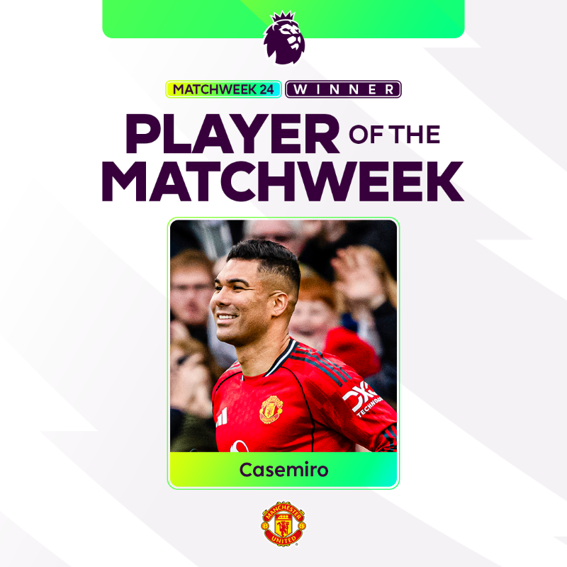 premierleague's tweet photo. A monumental performance in midfield 💪

@Casemiro has been voted as Player of the Matchweek after @ManUtd's dramatic win against Fulham!