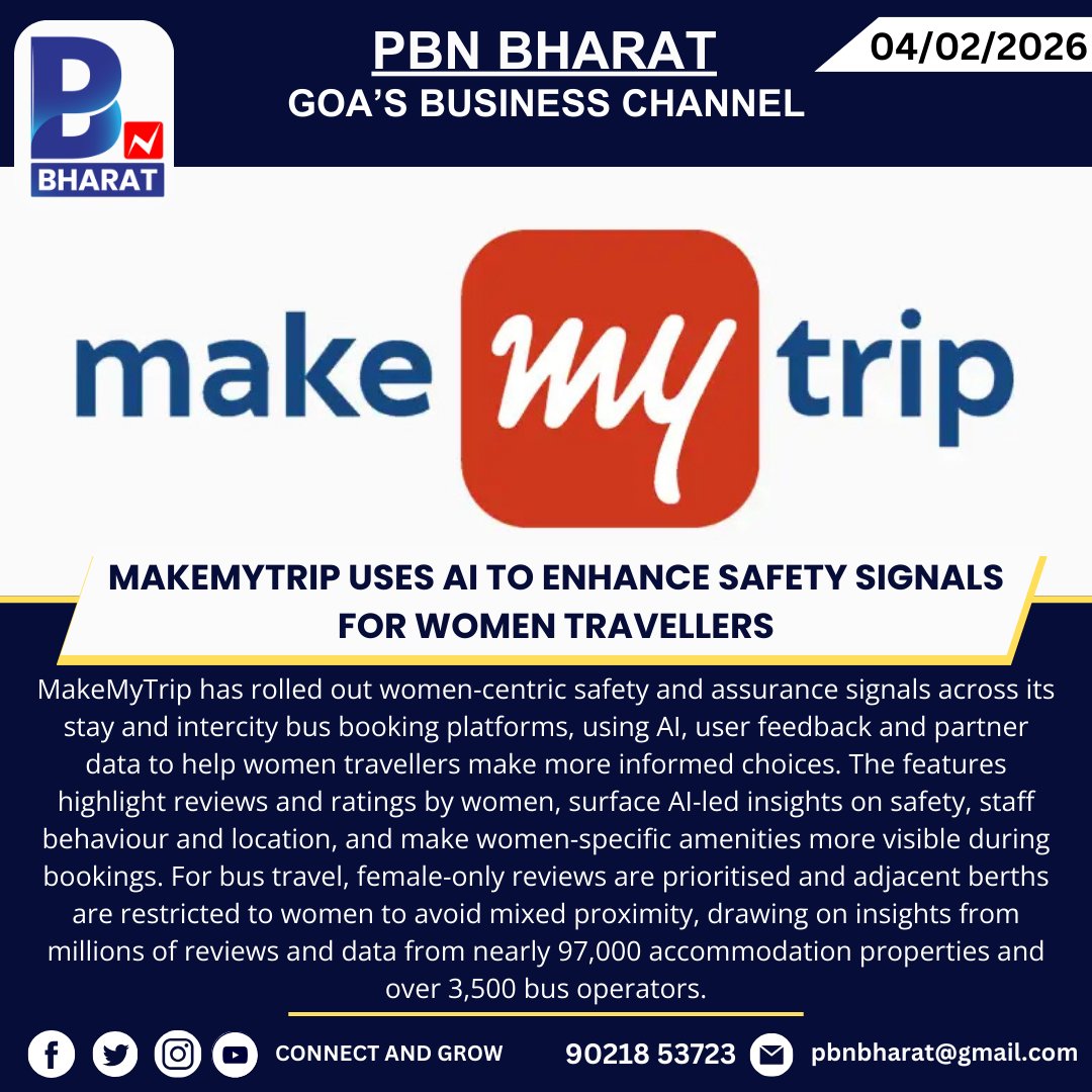 PBNBHARAT's tweet image. MakeMyTrip Uses AI to Enhance Safety Signals for Women Travellers
#MakeMyTrip #WomenTravellers #TravelSafety #AIPowered #DigitalTravel #WomenFirst #TravelTech #SafeTravel #BusTravel #HotelBookings