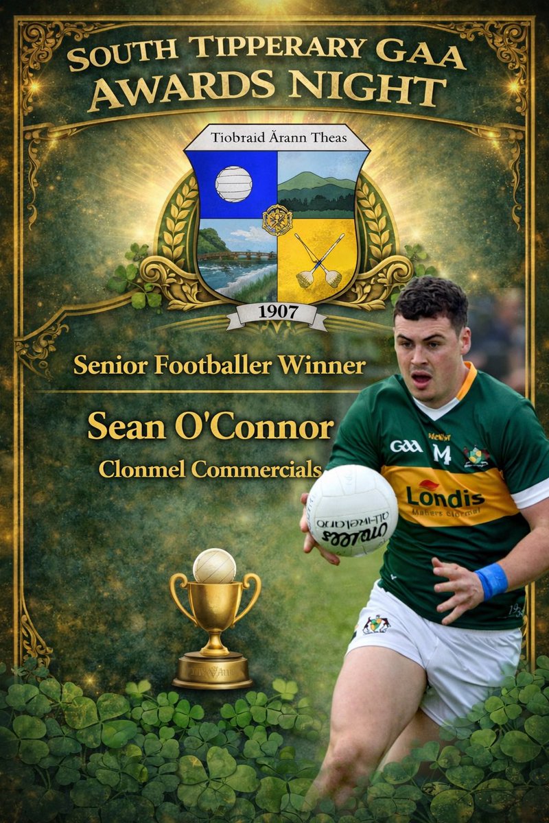 Congratulations to the Senior Hurler award winner Aaron O’Halloran from Carrick Swan &amp; the Senior Footballer award winner Sean O’Connor from Clonmel Commercials.
<a href="/CarrickSwanClub/">Carrick Swan GAA Club</a> 
<a href="/CommercialsGAA/">Clonmel Commercials</a>