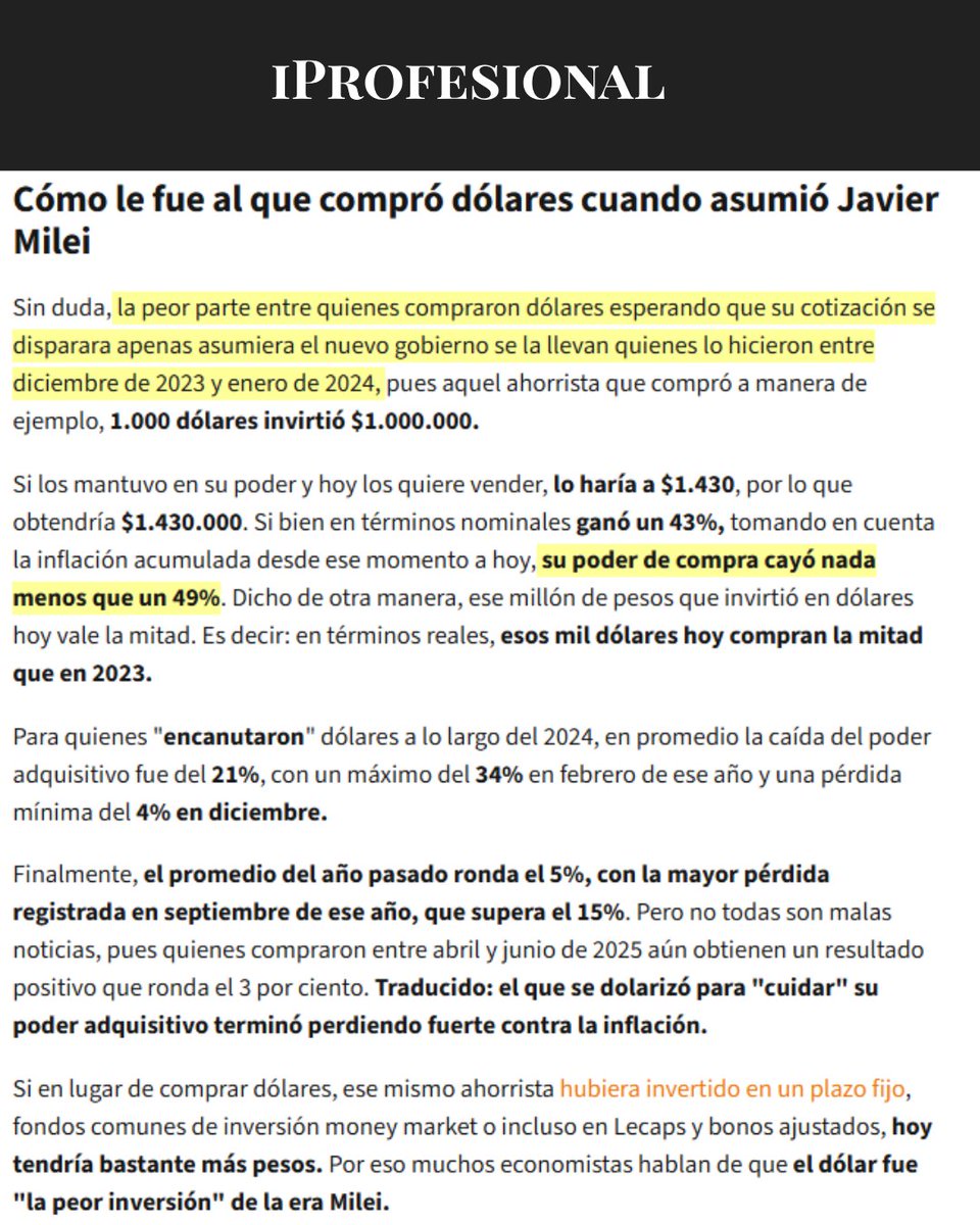 FinanzasArgy's tweet photo. 💵🇦🇷 Desde que asumió Milei, el dólar dejó de ser refugio de valor: el ahorrista que guardó dólares desde diciembre de 2023, hoy perdió casi la mitad de su poder de compra https://t.co/AY7PoWiawz