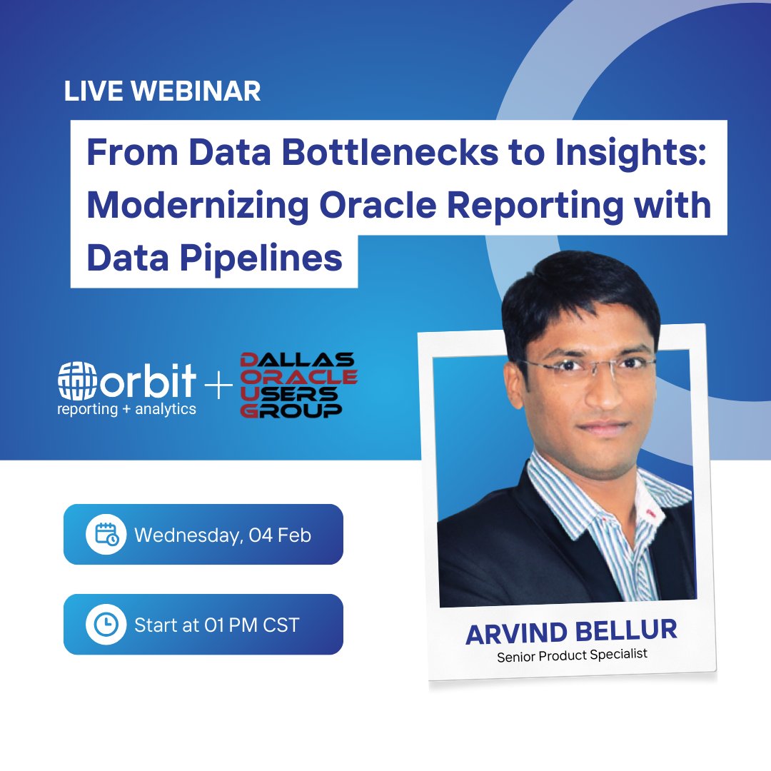 Managing multiple Oracle instances (Fusion, EBS, PeopleSoft)? Join Arvind to see a data pipeline architecture that consolidates fragmented sources in hours, not months. Feb 4, 1 PM CST. Free webinar, register now: hubs.la/Q041K6_F0 #orbitanalytics #datapipelines #DOUG
