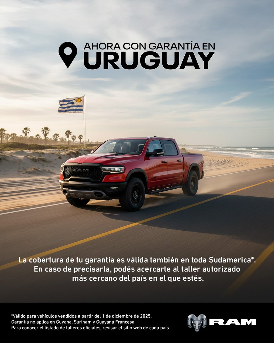 ramtruckspy's tweet photo. Con RAM, tu respaldo también cruza fronteras. Tu garantía es válida en Uruguay y en toda Sudamérica: si necesitás asistencia, te acercás al taller autorizado más cercano del país en el que estés.🛻🇺🇾 

* Válido para vehículos vendidos a partir del 1 de diciembre de 2025.
* No aplica en Guyana, Surinam y Guayana Francesa.
