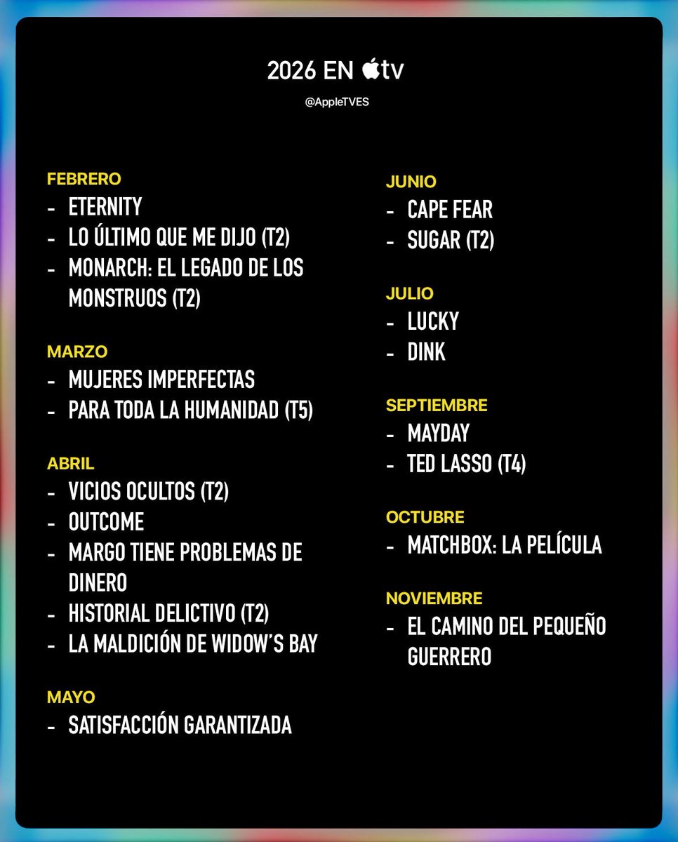 Ayer, en el Apple TV Press Day 2026, se presentó un avance exclusivo de la programación de la plataforma para este año (excluyendo documentales, infantil y regresos).

Muy pronto tendremos fechas para: Ciclos, Las Azules, Materia oscura, Silo y Ted Lasso.