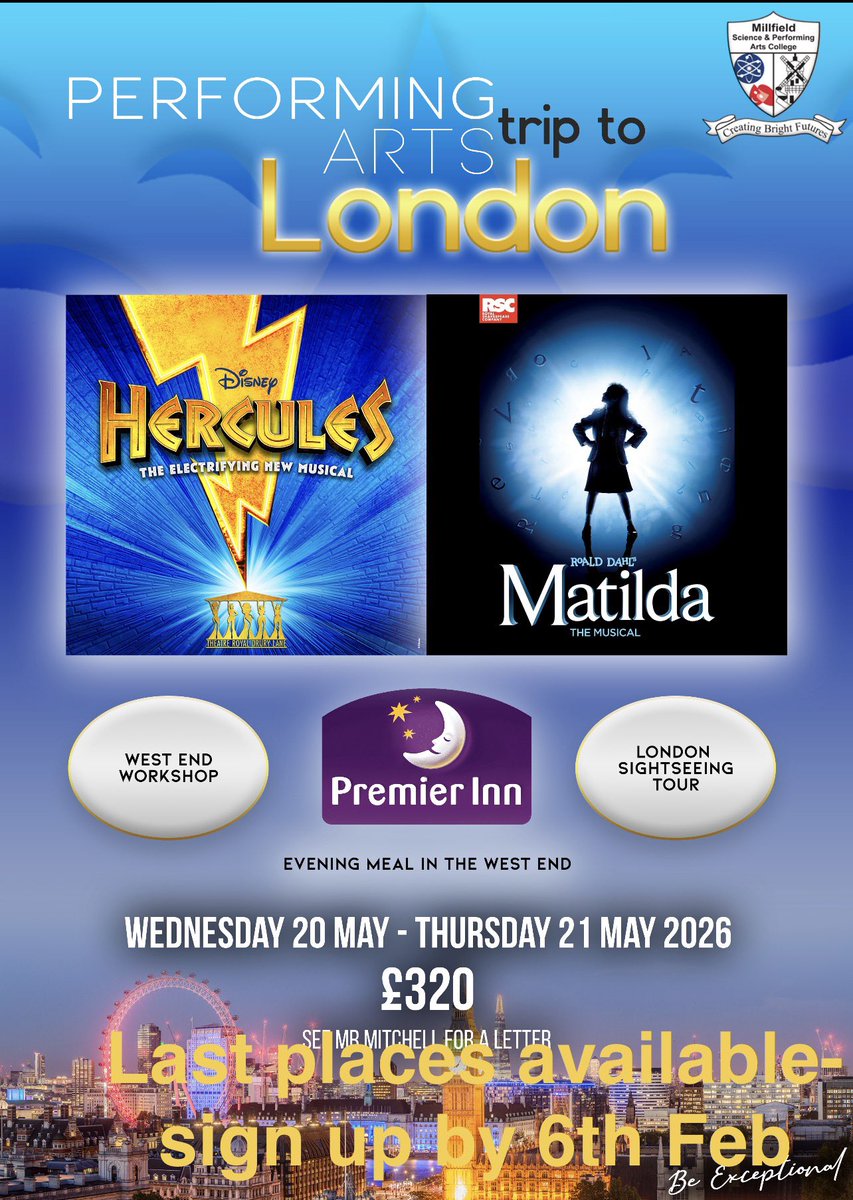 #millfieldPerformingArtsMusicDramaDance Last few places on Performing Arts London trip ⭐️ <a href="/Millfieldhighsc/">Millfield Science and Performing Arts College</a>
