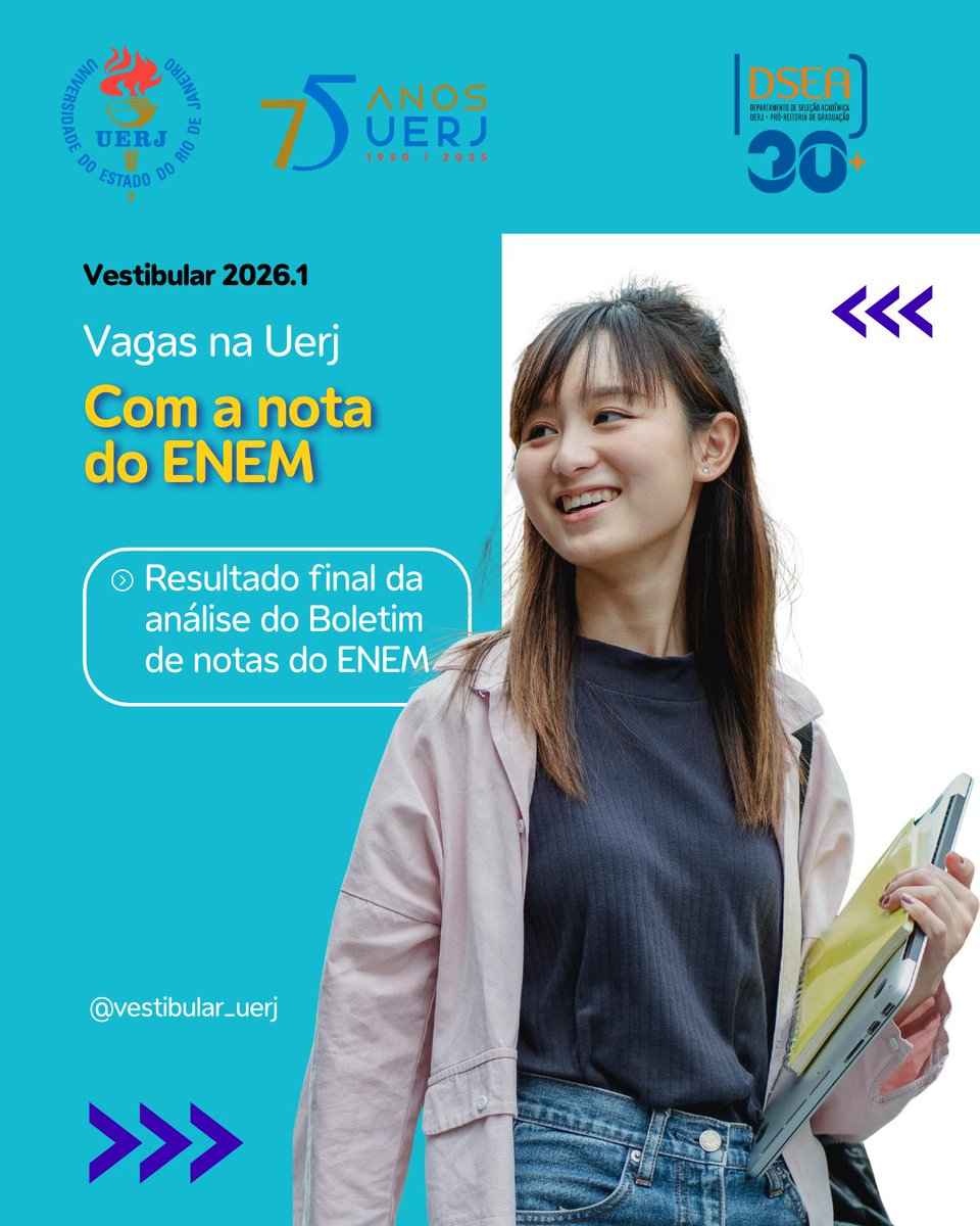 VestibularUERJ's tweet image. 🚨 A CLASSIFICAÇÃO ESTÁ CADA VEZ MAIS PRÓXIMA! 🚨
Candidato(a), não deixe o seu sonho para depois! Se você está inscrito no Vestibular de vagas não demandadas (Vestibular 2026.1), confira o resultado final  da análise do boletim de notas do ENEM .

vestibular.uerj.br/?page_id=16517

#Uerj