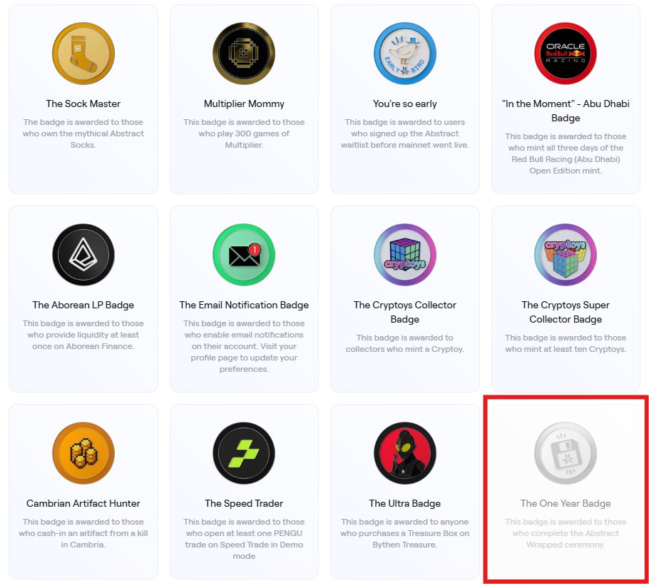 👀 New Abstract badge incoming ✳️

Named "The One Year Badge"

Not claimable yet ... This badge is awarded to those who complete the Abstract Wrapped ceremony. If anyone has any information about it, speak up now