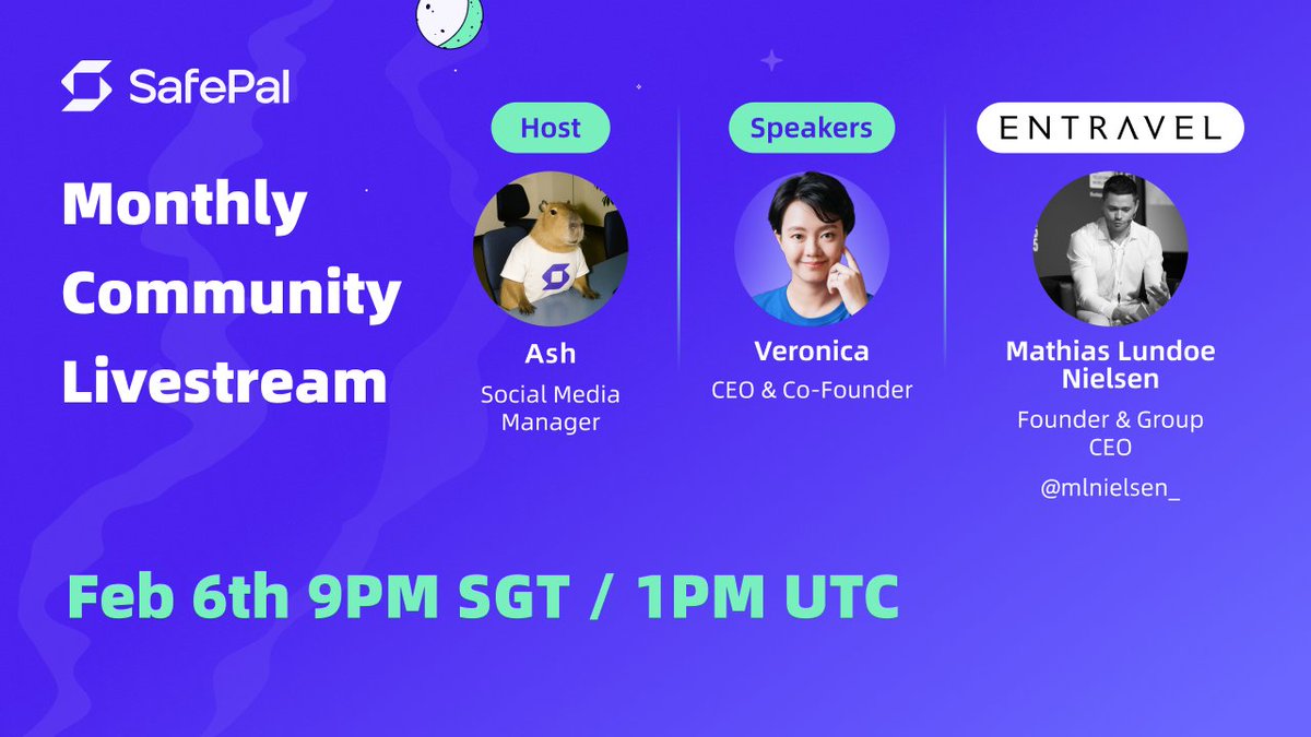 January was… a lot 
Join SafePal CEO <a href="/V_SafePal/">Veronica</a> LIVE with <a href="/mlnielsen_/">Mathias Lundoe Nielsen</a>, Founder &amp; Group CEO of <a href="/entravelcom/">Entravel</a> on X and YouTube

📅 Feb 6 | 1 PM UTC

🎙️ DeFi trends, Web3 security, market insights, travel tips and more

What do you want answered live? Drop your questions 👇