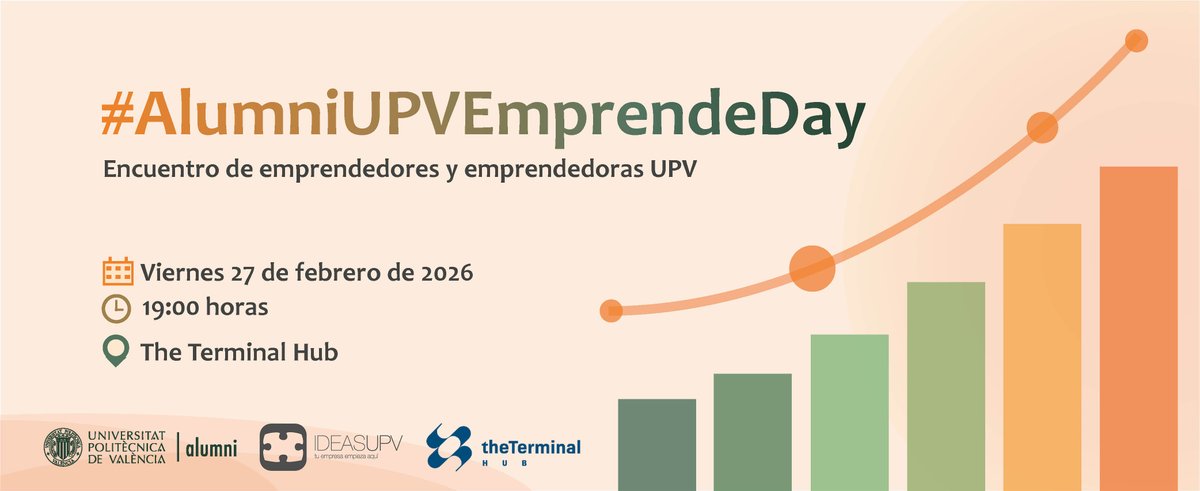 #AlumniUPVEmprendeDay, organizado con <a href="/IDEASUPV/">IDEAS UPV</a>, reunirá a titulados y tituladas <a href="/UPV/">Universitat Politècnica de València</a> que emprenden y comparten experiencia.

📅 27 febrero | 🕖 19:00 h 📍 The Terminal Hub

🎤 AlumniTalks
🤝 Networking
🍴 Catering + 🎶 música

🔗 Inscripción: alumni.upv.es/es