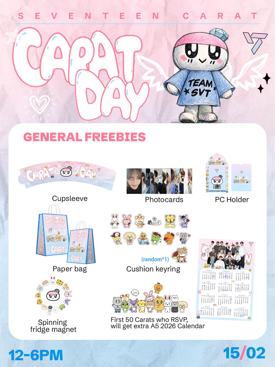 💎CARAT DAY @ K-Space💎

🗓️ 15 Feb 2026
🕛 12PM – 6PM
📍 K Space Malaysia
🎁 GENERAL FREEBIES (with purchase of min RM19 in-store)
🔗RSVP: shorturl.at/U9nEg 

#pasarSVT #caratday #seventeenmalaysia #caratmalaysia  #cupsleevemy #cupsleeve_malaysia