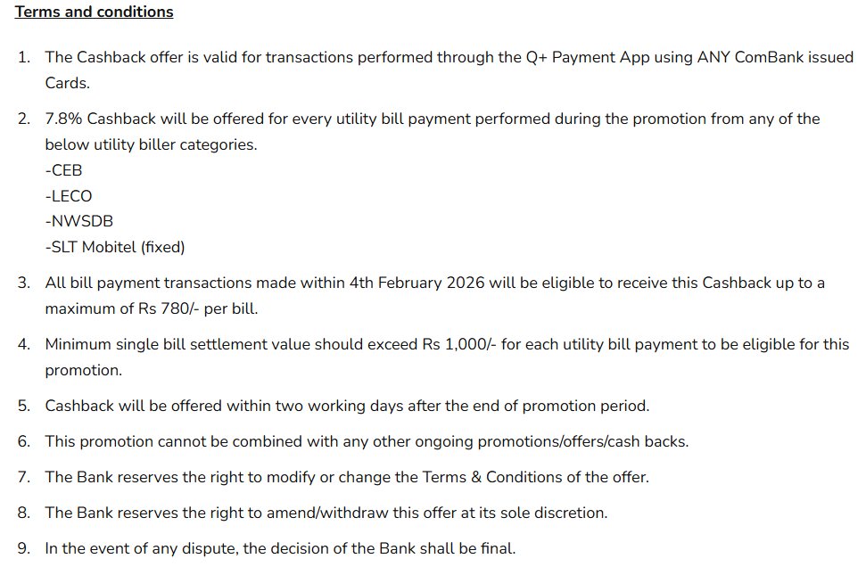 Channa_Amare's tweet image. #COMB's Q+ payment app offers 7.8% cashback for utility bill payments on 4 Feb 2026

Any views on how Q+ compares vs rival payment apps like #NTB's FriMi, #HNB's Solo and #NDB's Neos?

Amid reduced offers, has usage eased?

As a payment option, what is edge over cards?

#CSE #lka