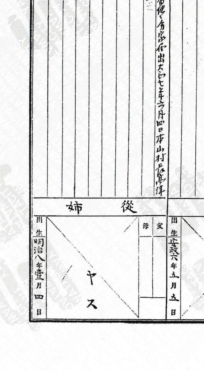 89ma158n's tweet photo. 両親欄空欄のケース（曾祖父の従姉）
前戸主の戸籍は廃棄されているのでなんとも言えないが、役所が戸籍を作る時に少しでも調べたらわかりそうだったのが歯痒い。 https://t.co/AqLXx6938a