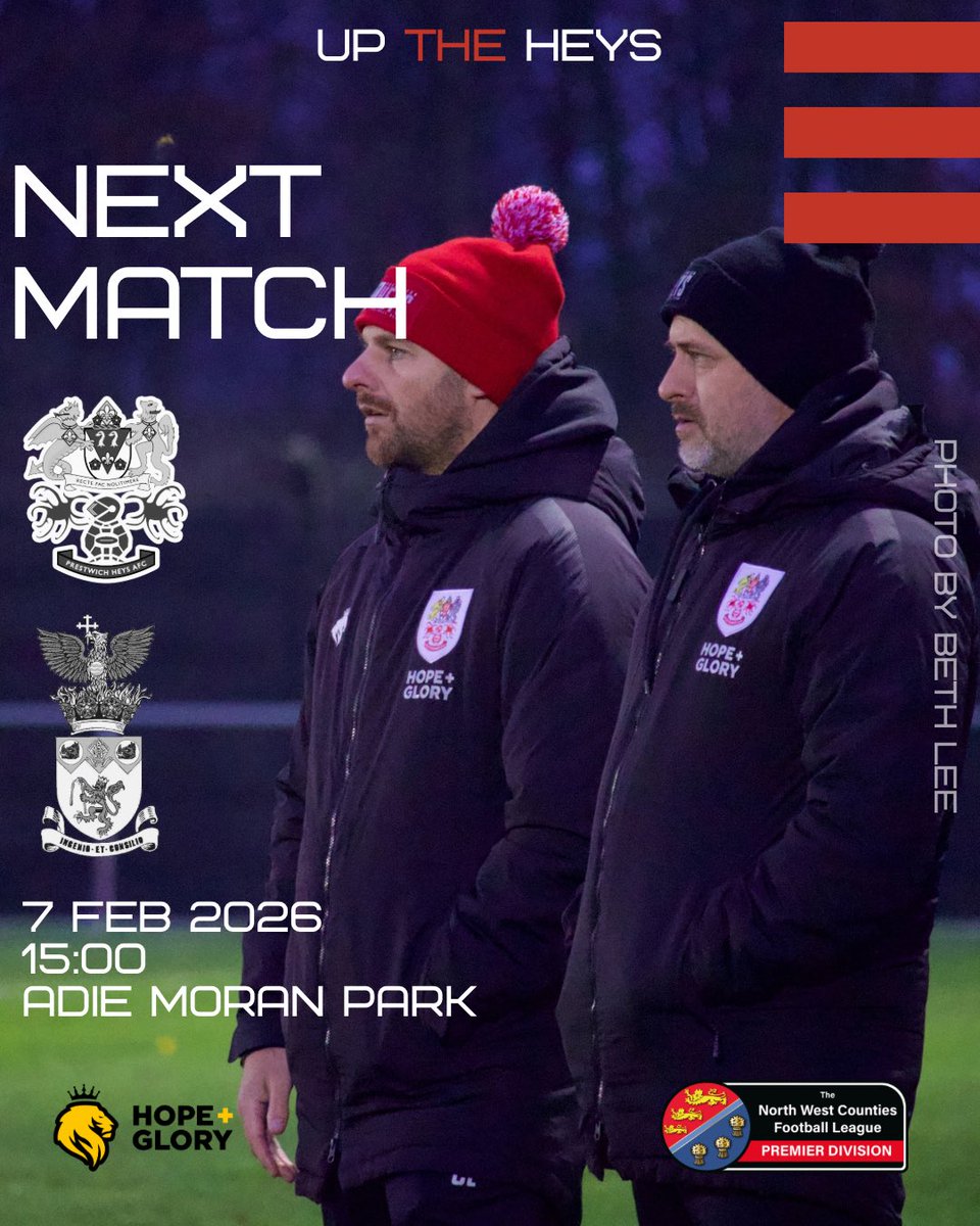 🔴⚪️ NEXT MATCH ⚪️🔴

Who else is looking forward to this one? 

🆚 | <a href="/IrlamFC/">IRLAM FC (Manchester FA Premier Cup Winners 2025)</a> 
🏟️ | Adie Moran Park
📆 | 7/2/26
⏰ | 3pm
🎟️ | Adults £7, Concessions £4, Under 16s FREE! 

#UpTheHeys