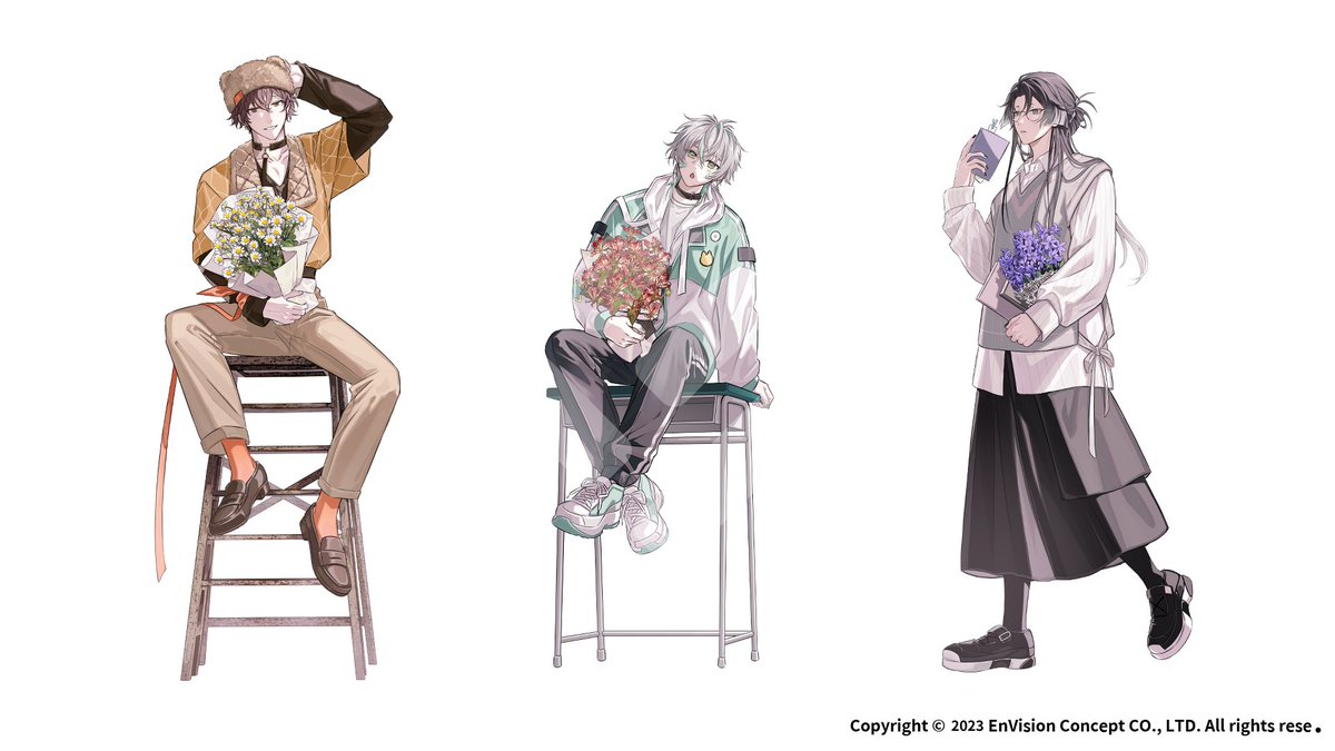 【Alluria】——靜默卻溫柔的陪伴。 希洛萊昂「梔子花」／魁「罌粟花」／涅爾菲「兔尾草」／
穆克蕗「金盞花」／鯨諾「鳶尾花」

【CaKano】——坦率與清晰的對白。
克克米伊「洋甘菊」／崎塔「火焰百合」／諾恪里「風信子」

 #Alluria #CaKano #台北國際動漫節 #TICA