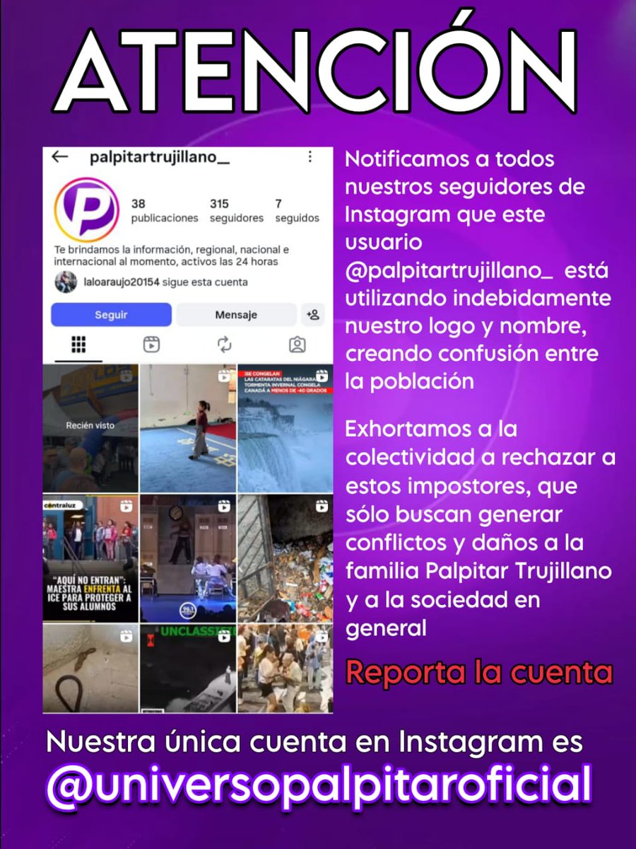 #AlertaSNTP | El SNTP denuncia la existencia de una cuenta falsa en Instagram que suplanta la identidad del medio Palpitar Trujillano.
Según informó el propio medio este #04Feb, el perfil @palpitartrujillano_ utiliza de manera indebida el nombre y el logotipo de la marca