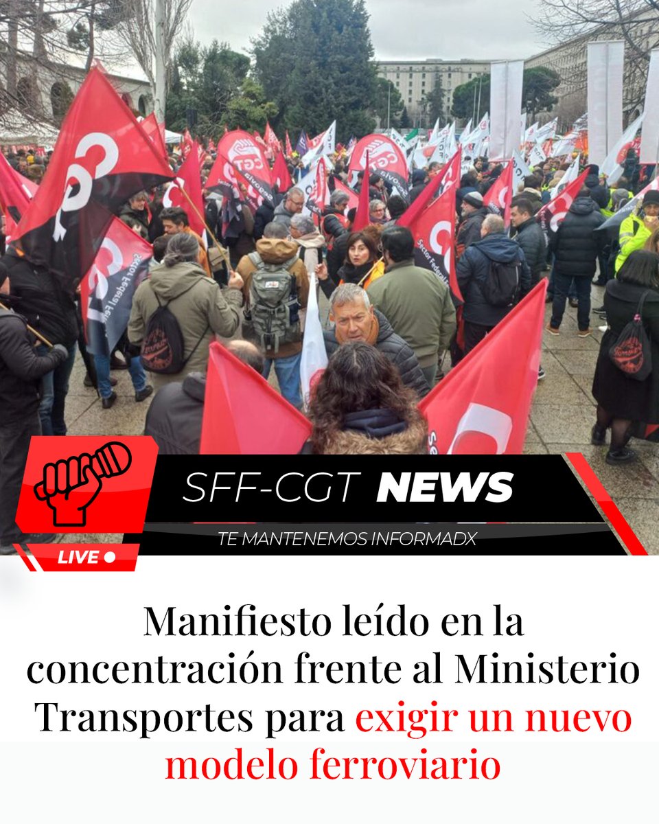 SFFCGT's tweet photo. 🚆 SFF-CGT se moviliza para exigir un nuevo modelo ferroviario que ponga en el centro la seguridad de las plantillas y de la ciudadanía.

⚠️ Los accidentes recientes no son hechos aislados. La liberalización, la externalización y los recortes en mantenimiento están degradando el servicio y poniendo en riesgo vidas.

✊ Defendemos un ferrocarril público, seguro y de calidad: más personal, menos subcontratas y un protocolo de seguridad común para todo el sector.

🔗 Lee la noticia completa: 
https://t.co/By1jXK9mgN