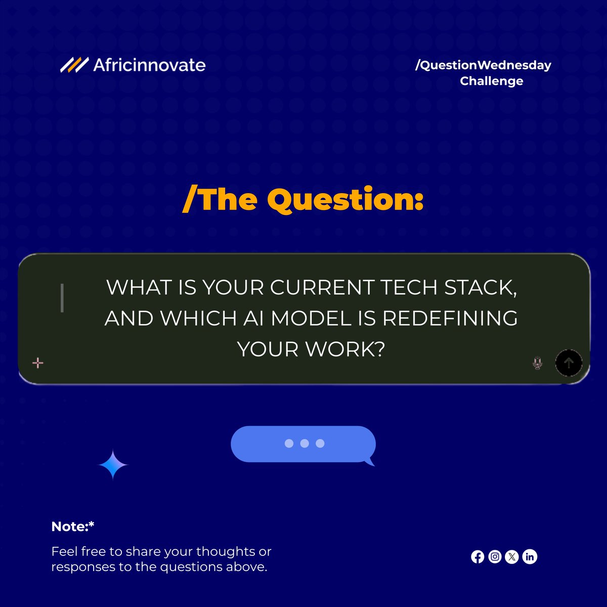 AfricInnovate's tweet image. What tools are you actually using right now?
What AI model is changing how you work? 🤖💻

Drop your stack in the replies 👇
Let’s share ideas and inspire others 

#QuestionWednesday #TechStack #AIBuilders #AfricInnovate