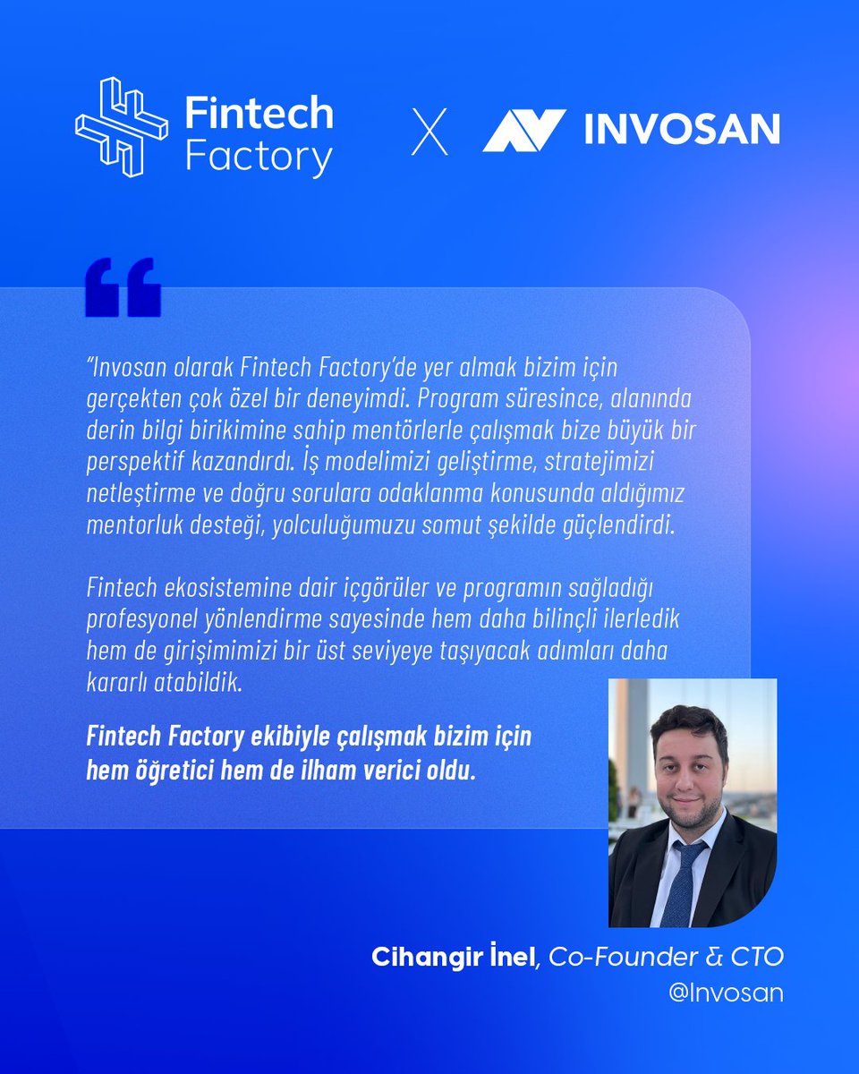 FactoryFintech's tweet photo. Fintech Factory, fintech girişimlerinin fikirden ürüne; üründen sürdürülebilir ve ölçeklenebilir bir iş modeline dönüşmesi için tasarlanmış kapsamlı bir hızlandırma programıdır. Geçtiğimiz dönem girişimlerimizden Invosan'a, deneyimlerini bizimle paylaştıkları için teşekkürler. https://t.co/rTi7nocSBz