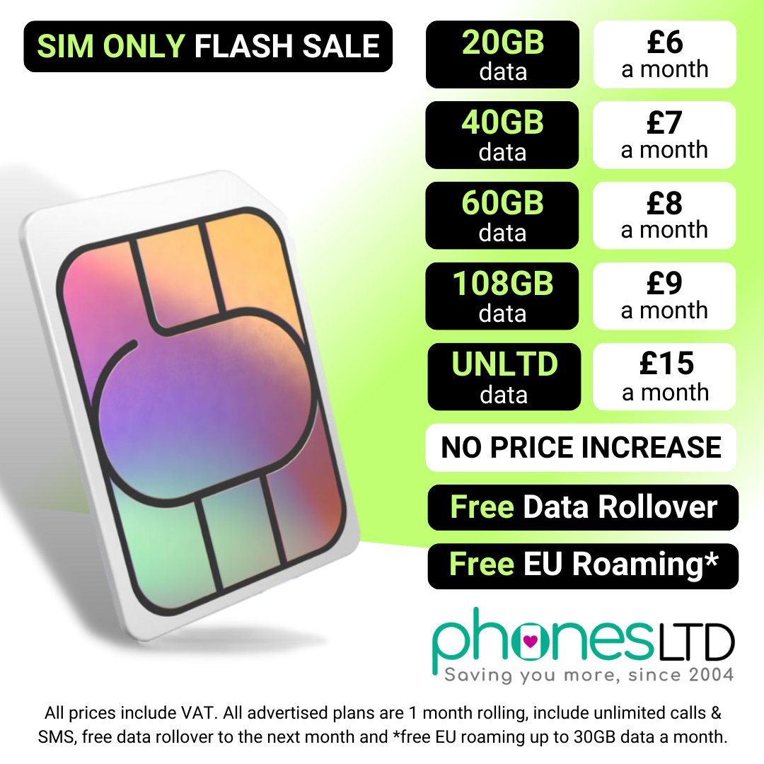 Phones_Limited's tweet image. Is it time to switch? …
Enjoy huge savings with these limited time SIM Only deals! 
Easily keep and switch your number (details below the deals section on our website)
&amp;gt;&amp;gt;&amp;gt; phonesltd.co.uk/SIM_Only/SIM_C…
#simonly #simcards #simdeals