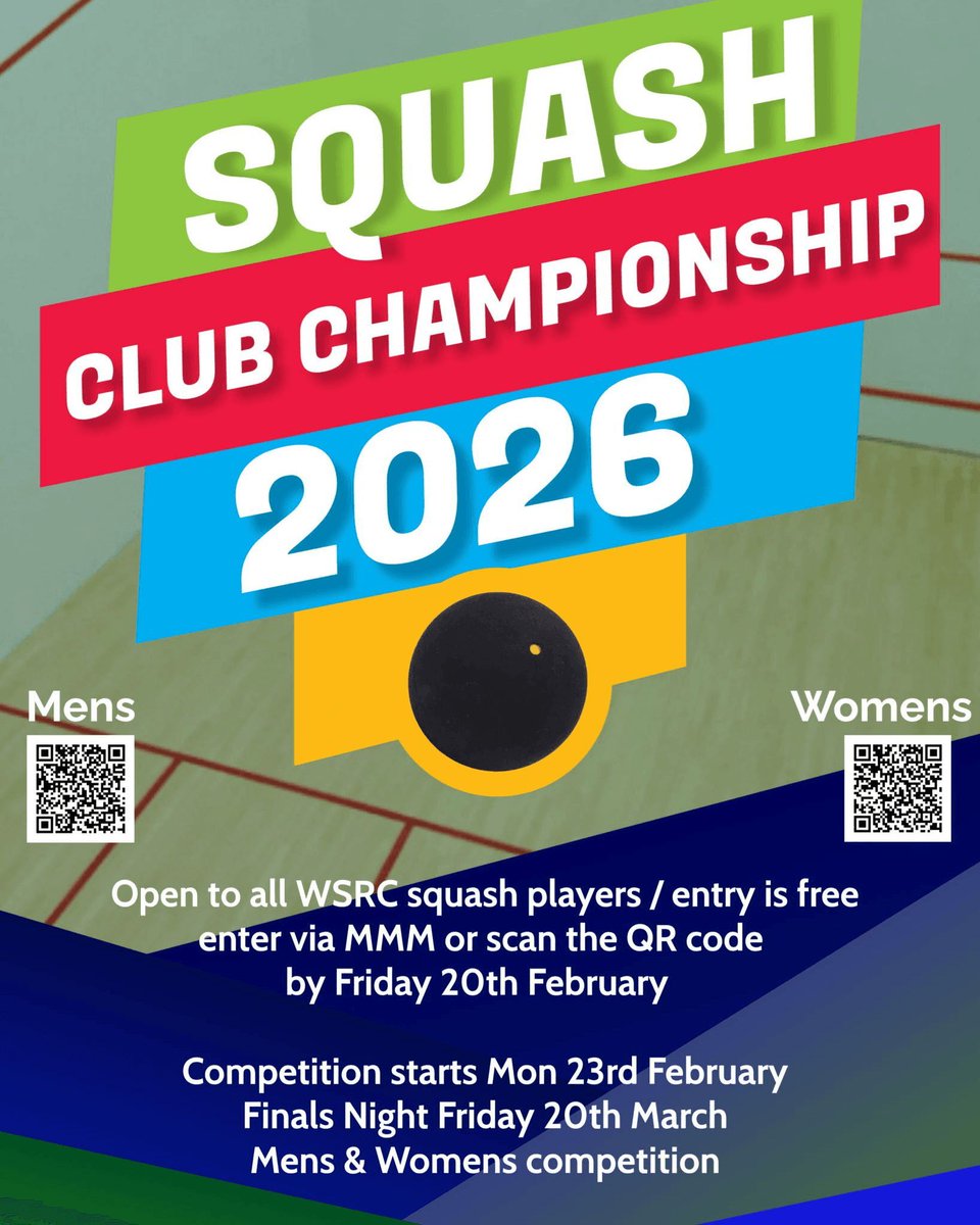 SquashWycombe's tweet photo. Got to be in it to win it!  WSRC Squash Club Championship 2026 - enter now! 
#squashchamps #getoncourt #squash https://t.co/SScjFfyG82