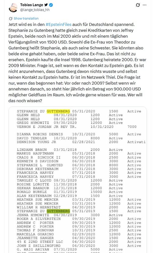 carstenbuchholz's tweet image. Deutschland i. d. #EpsteinFiles : Für "Stephanie zu Gutenberg" gibts gleich 2 Kreditkarten von #Epstein, beide noch 2020 aktiv &amp;amp; tägliches Limit § 1500. Sowohl die Ex v Theodor zu #Gutenberg als auch seine Schwester heißt Stephanie. Könnten also beide eine gehabt haben, ... #CSU