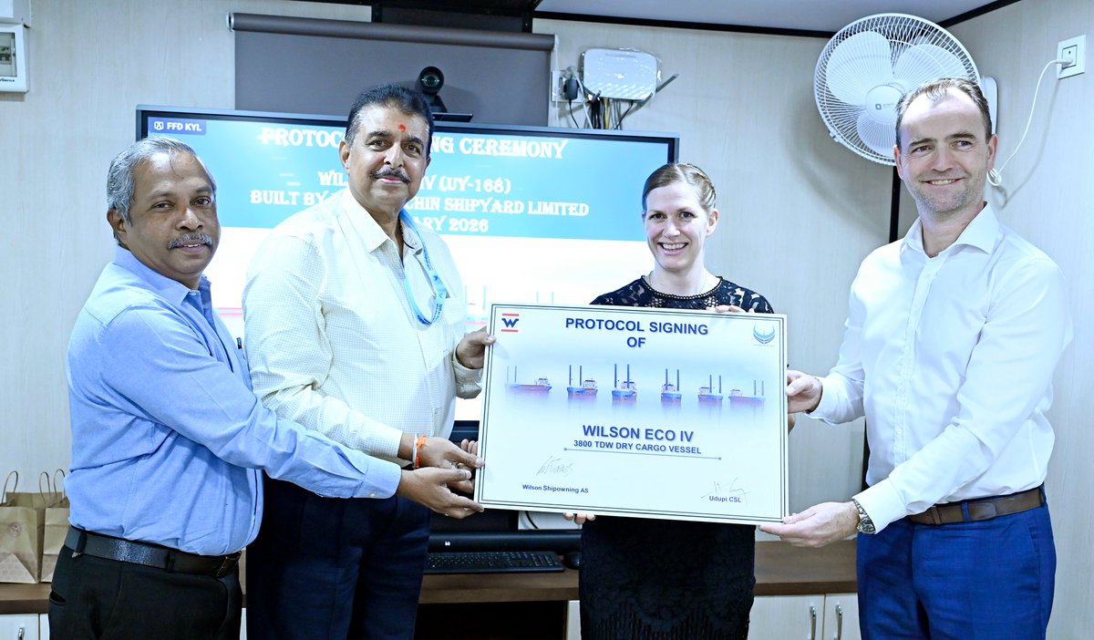 UdupiCSL,subsidiary of <a href="/cslcochin/">Cochin Shipyard Limited</a> under <a href="/shipmin_india/">Ministry of Ports, Shipping and Waterways</a> successfully delivered the 4th 3800 TDWGeneralCargoVessel to M/s.Wilson ASA Norway on 04 Feb 26 . A proud milestone showcasing Udupi CSL’s world-class shipbuilding capability <a href="/makeinindia/">Make in India</a>  for the world