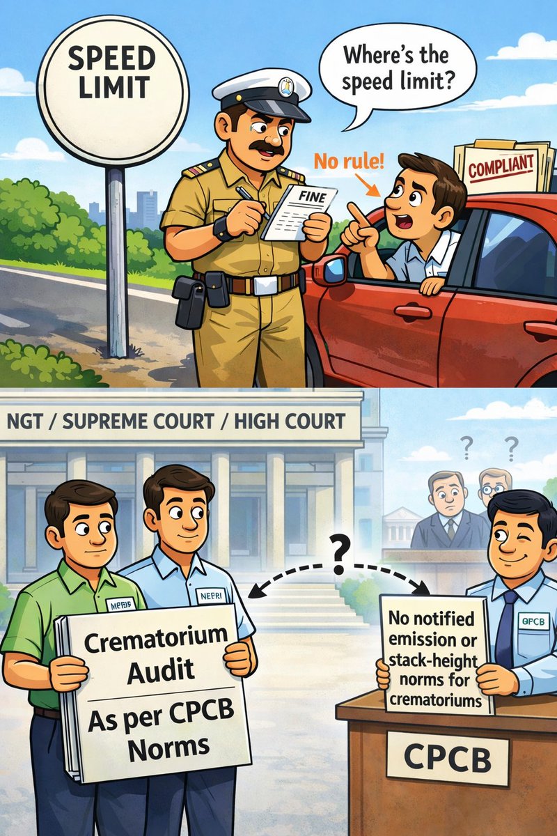 navipeth's tweet photo. #Misleading #BombayHighCourt & #NGT!
#Fooling #taxPayers!

#MPCB #NEERI #crematorium #audits cite 

emissions limit (TPM)=150 mg/Nm³ & 30m tall chimney as
“per CPCB standards”

But #CPCB has officially stated: there are no notified emissions' or stack relevant #norms for #crematoriums

So where did these #limits come from?
Borrowed from old coal/industrial norms (1980s)??

#Compliance without notified standards = #legally questionable
#AirPollution #Crematoriums #CPCB #NGT #RightToLife #Article21
