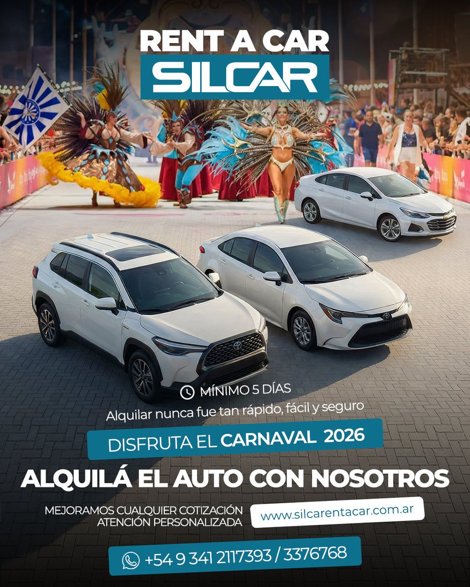 🧳DISFRUTÁ EL CARNAVAL 2026🏖️⛰️
🚘 ALQUILÁ EL AUTO CON NOSOTROS.

📲 CONSULTANOS: 54 341 2117393 / 3376768
💻 silcarentacar.com.ar
⚠️Alquiler mínimo 5 Días.

✔️ Rápido.
✔️ Fácil.
✔️ Seguro.

🔹 SILCAR – RENT A CAR
📨 rental@gruposilcar.com
📍 Mitre 190 – Rosario – Santa Fe