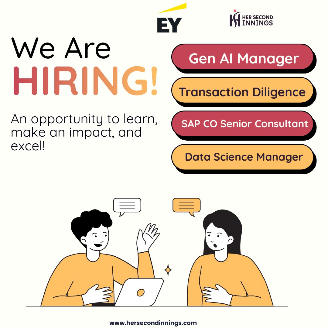 • Gen AI Manager
Click here:bit.ly/3LQaGT1

• Transaction Diligence
Click here:bit.ly/4avJYs7

• SAP CO Senior Consultant
Click here:bit.ly/3LQSFUF

• Data Science Manager
Click here:bit.ly/4awjkPO

#EYCareers #LeadershipHiring #Tech