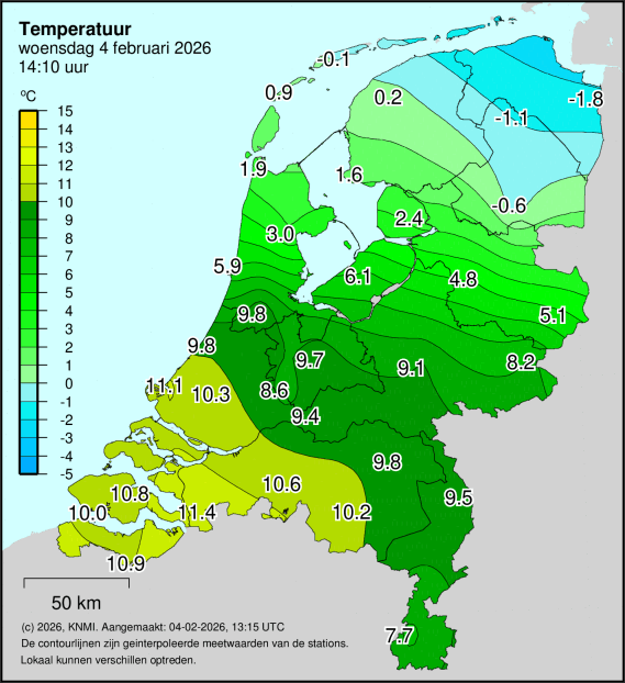 Weerprimeur's tweet photo. Zeer zeldzame temperatuurkaart met 13,2 graden temp. verschil. 
De noordoosterkou breidt zich inmiddels weer iets meer zuidwaarts uit. 
Zie de gap tussen Hoorn (10) en Amsterdam (3) en tussen Heino (5) en Hoogeveen (-1). Uniek voor NL. https://t.co/FMLKJncD3Y